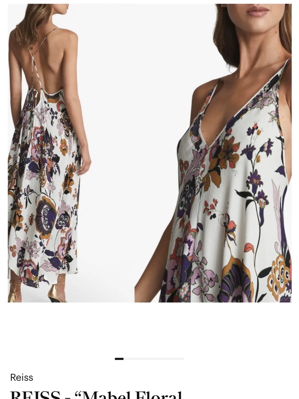 Reiss Backless Floral Slip Dress in White with Purple & Mustard Accents